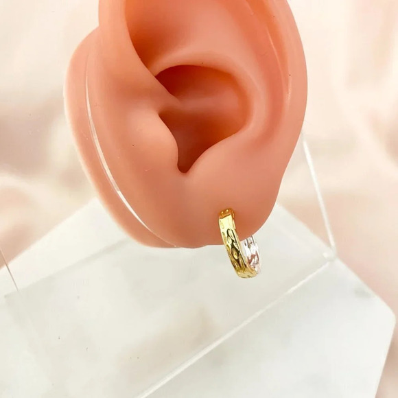 925 Sterling Silver Two Tone Earrings Gold & Silver Hoops Geometric Earrings - Picture 4 of 6